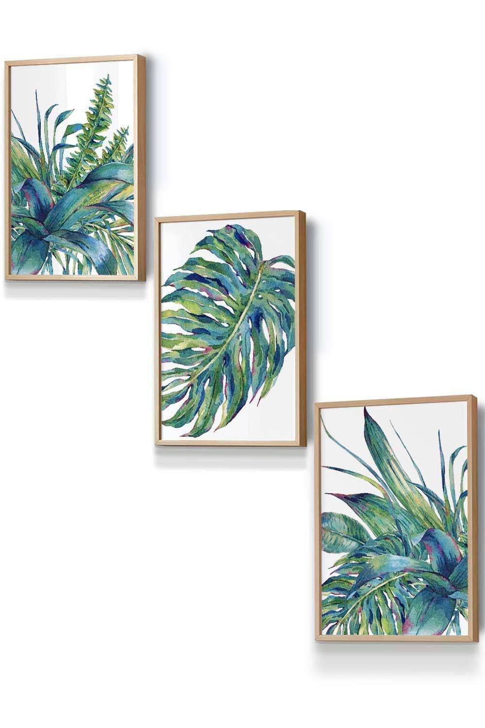 Framed Blue Green Watercolour Tropical Leaves Framed Wall Art - Small